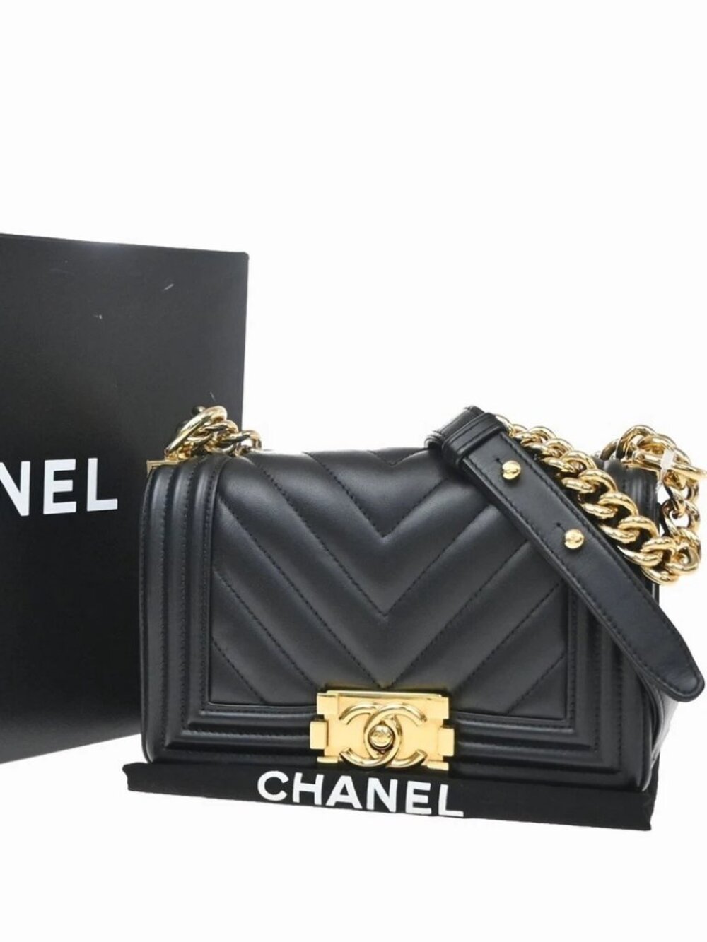 CHANEL Boy Chain Shoulder Bag Leather Black GHW CC Logo France